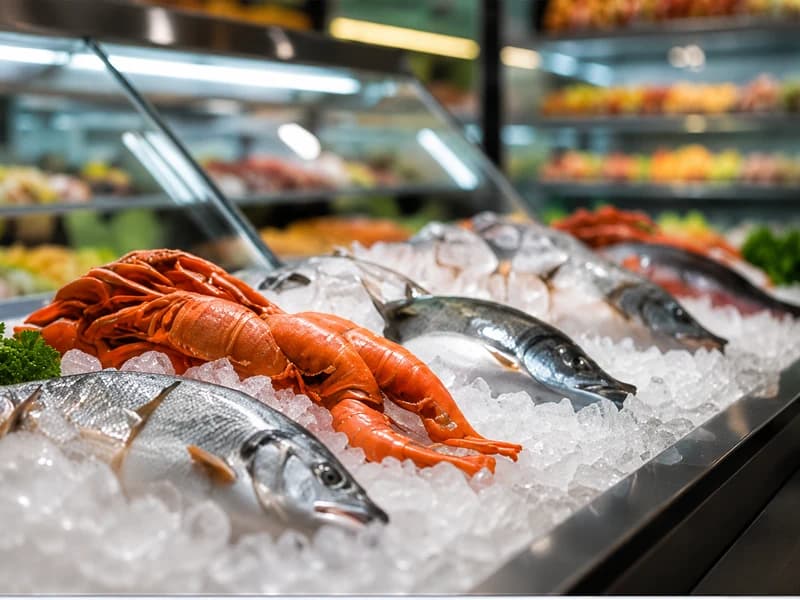 Витрина с рыбой и морепродуктами на льду